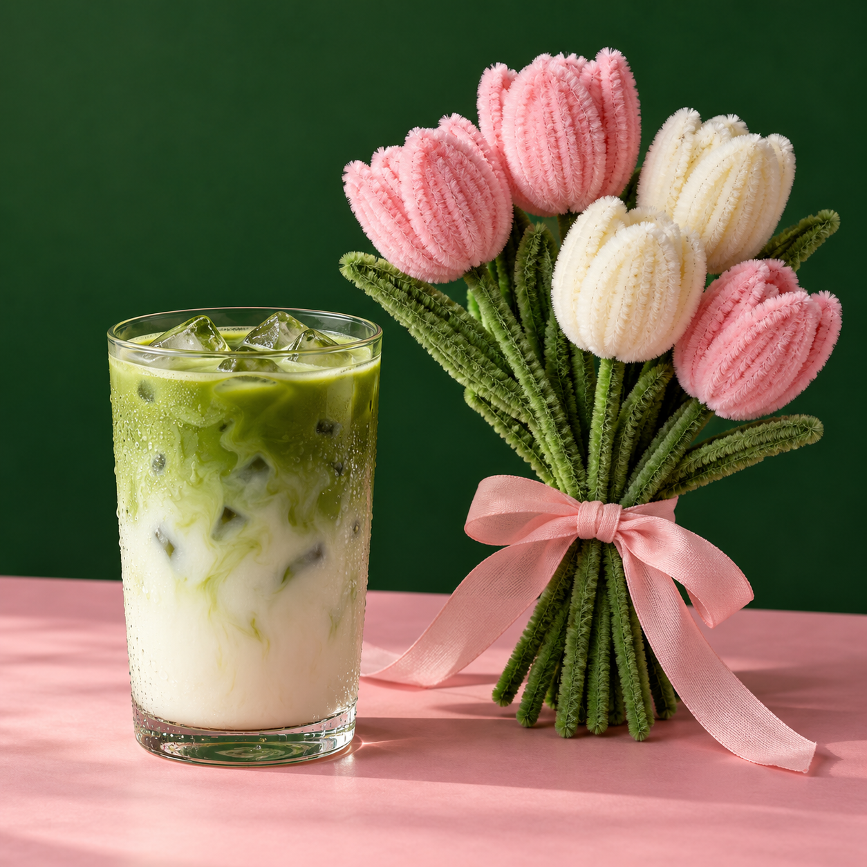 Concept photograph of iced matcha and handmade pink pipe-cleaner flowers